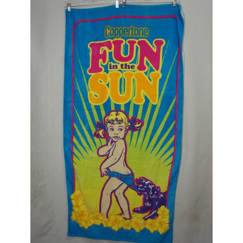 Vtg Coppertone Beach Towel Girl Dog  56" X 29" Fun In The Sun Advertising